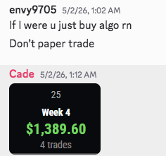 Week 4: $1,389.60 β 4 trades